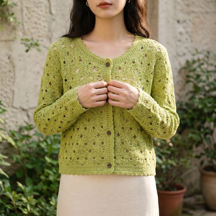 Women's lightweight openwork crochet cardigan, perfect for spring/summer layering. Available in beige, green.