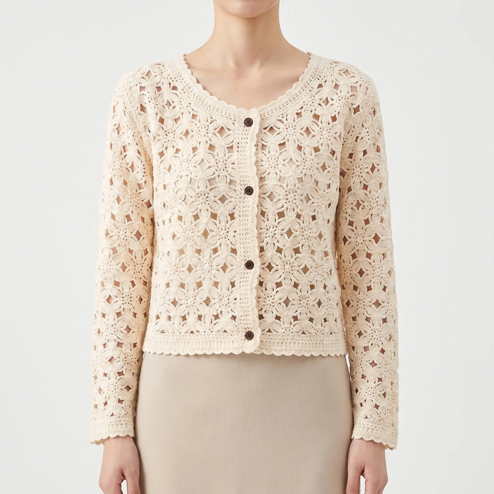 Full view of a women's lightweight openwork crochet cardigan, a versatile knitwear piece for summer layering.