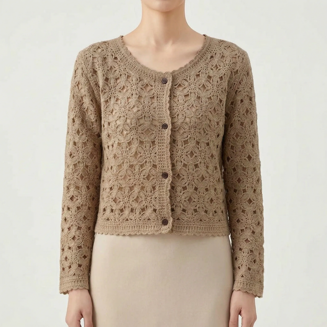 Lightweight openwork crochet cardigan for women in a fresh green shade, perfect casual spring knitwear.