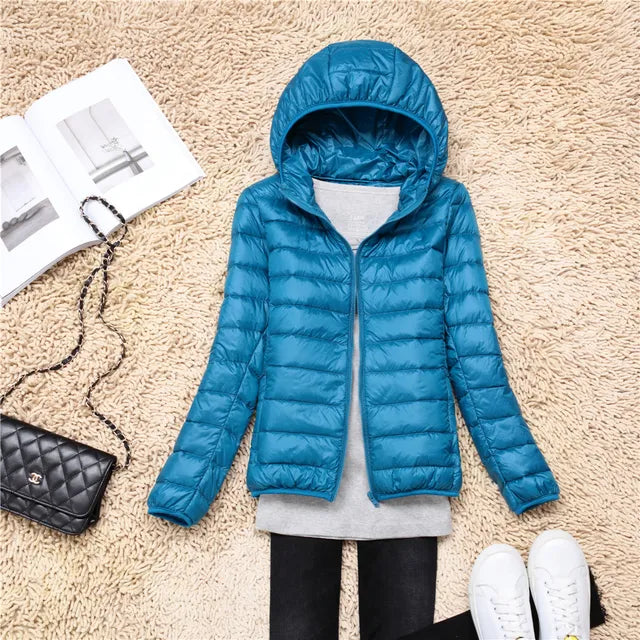 Casual women's lightweight jacket with hood. Fashionable & warm for daily wear.