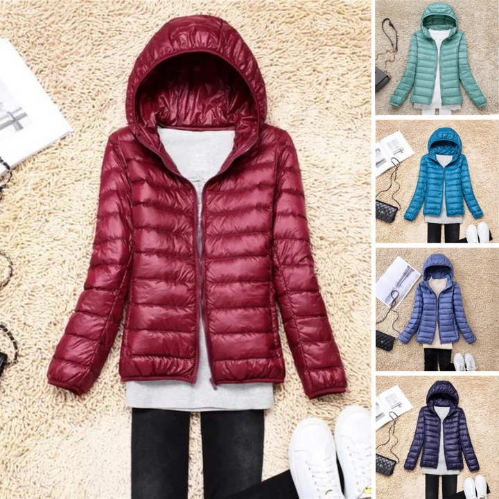 Ladies' lightweight insulated jacket. A packable puffer coat for all seasons & travel.