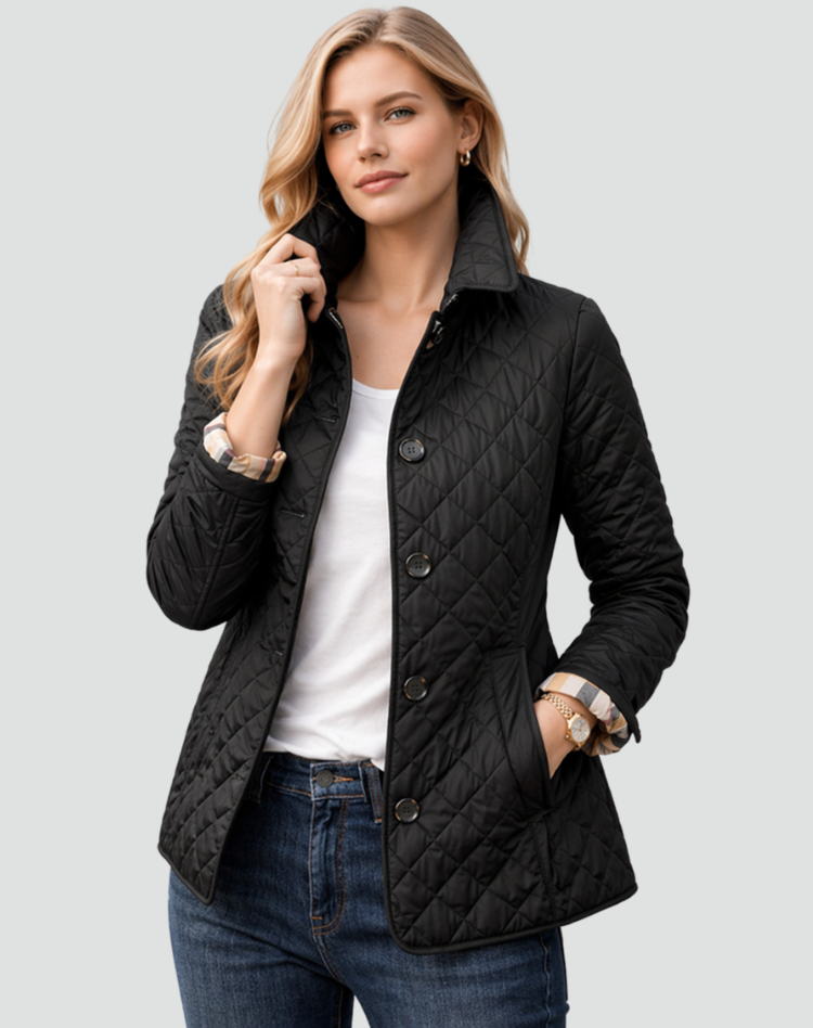Women's lightweight quilted jacket, button front, structured collar, perfect for casual autumn and spring layering.
