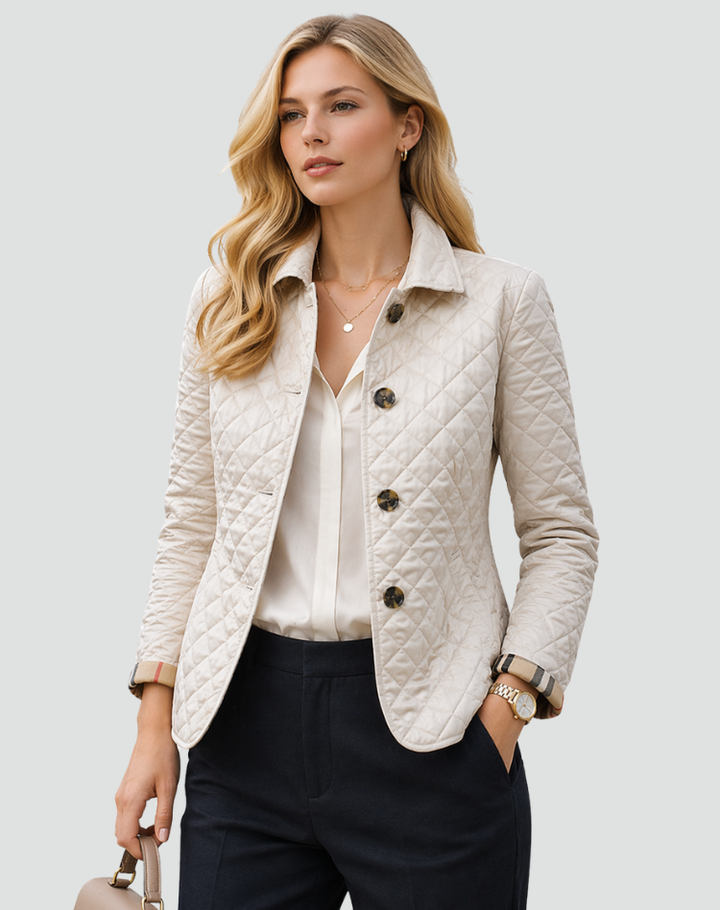 Stylish women's quilted button-front jacket with a smart casual design, ideal for everyday comfort and style.