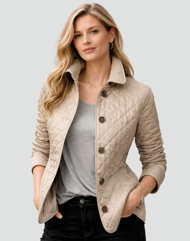 Close-up of the quilted texture and elegant button detailing on a women's lightweight casual jacket.