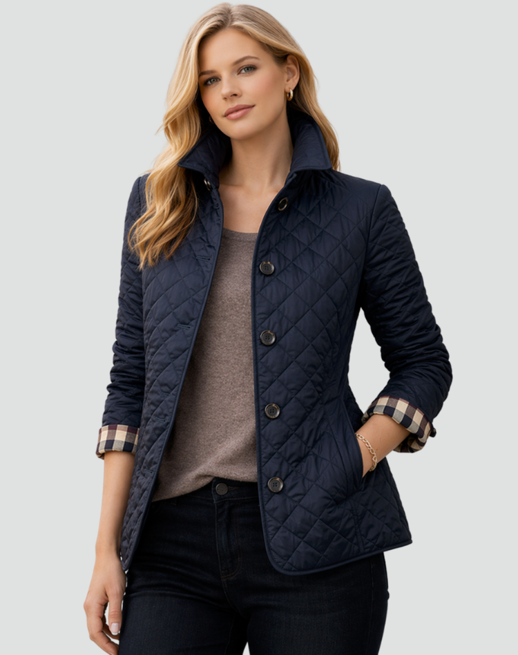 Woman wearing a lightweight quilted jacket, demonstrating its versatile smart casual appeal for spring fashion.
