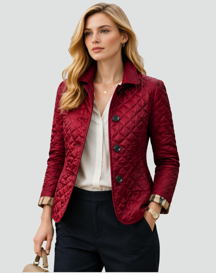 Side profile of a women's quilted jacket, showcasing its flattering fit and structured collar for autumn style.