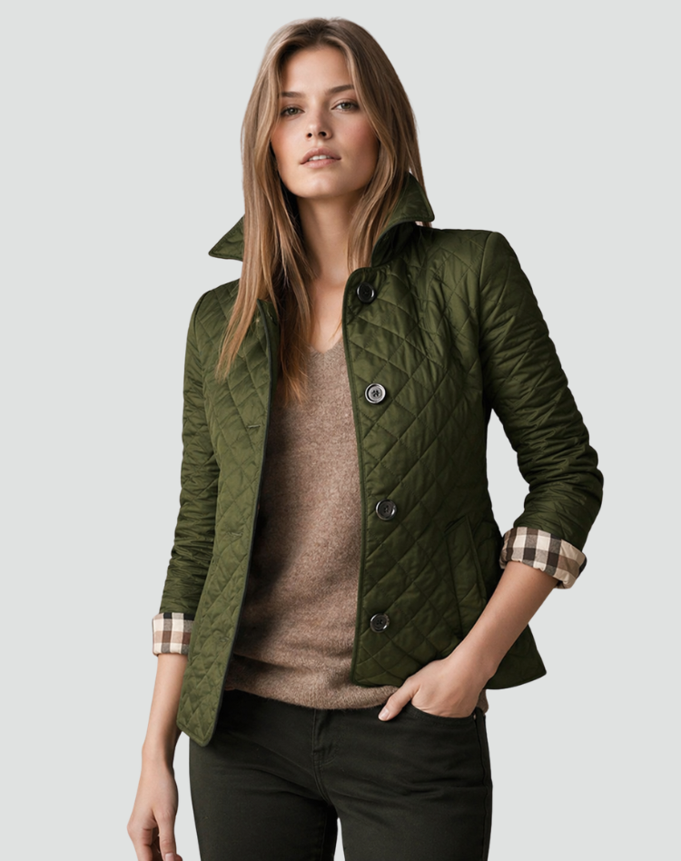 Detailed shot of the structured collar and precise quilting on a women's lightweight, versatile casual jacket.