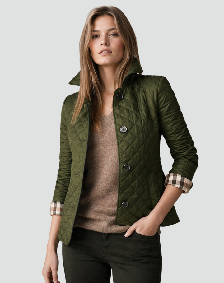 Detailed shot of the structured collar and precise quilting on a women's lightweight, versatile casual jacket.