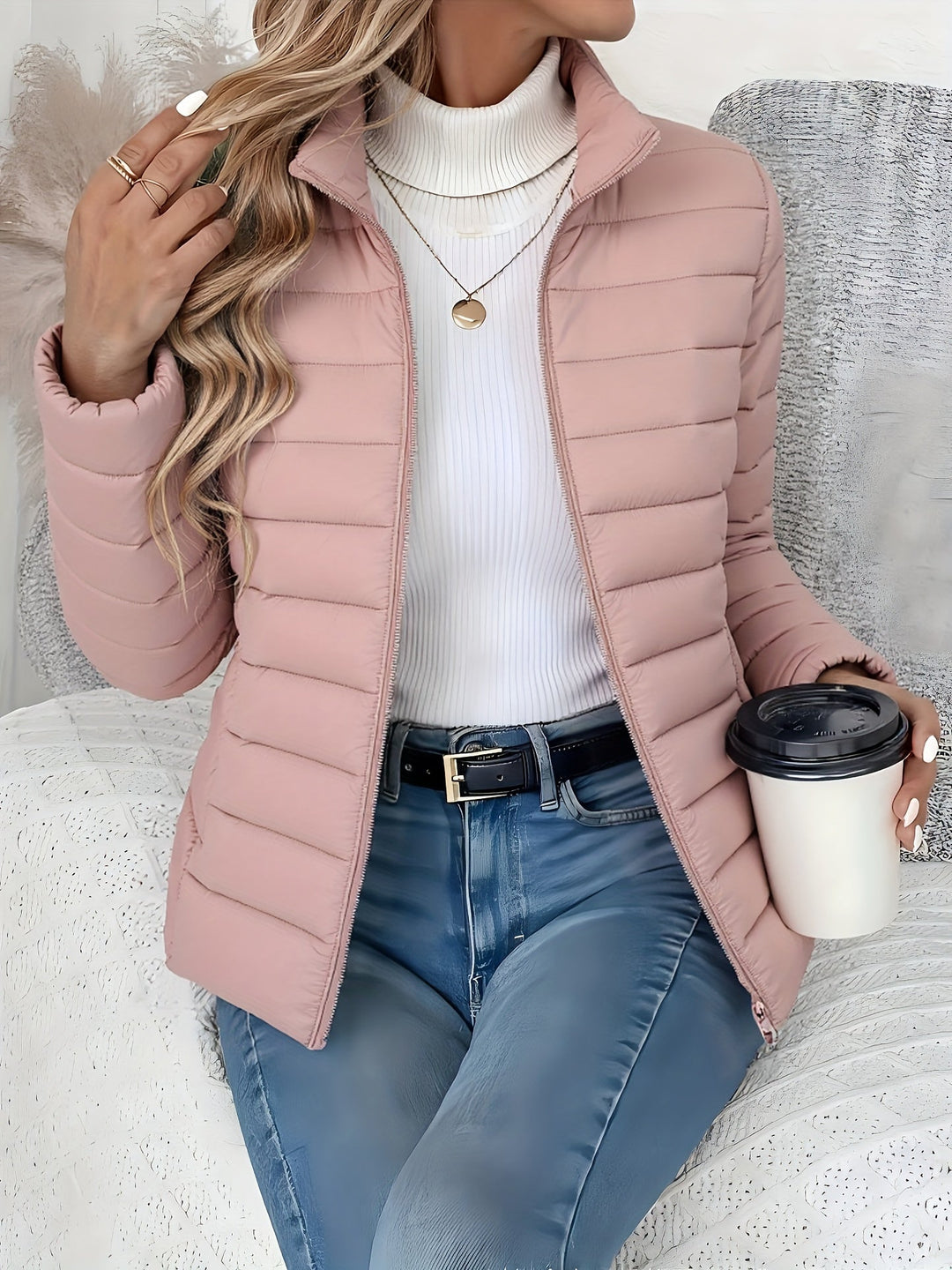 Warm lightweight women's quilted jacket, zip-up style, stand collar. Ideal for cool weather & casual wear.