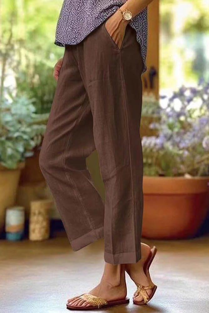 White women's relaxed fit straight leg pants, lightweight and comfortable for casual summer wear.