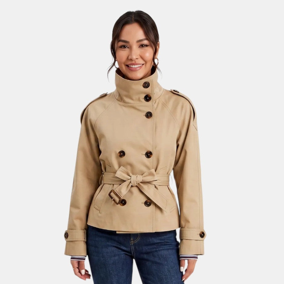 Soft, lightweight women's short trench jacket with belt, offering a comfortable, classic look for transitional weather.