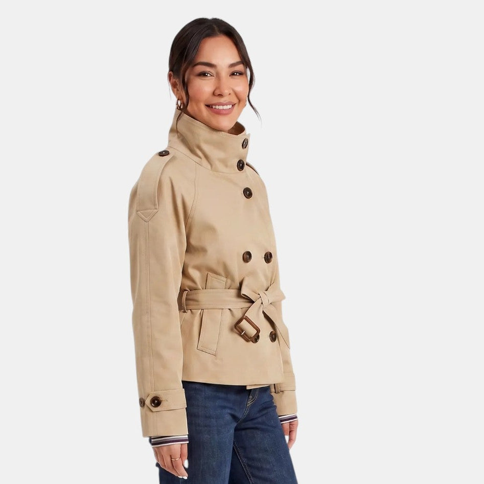 Stylish women's lightweight short trench coat with belt, a versatile piece for elegant workwear or chic casual outfits.