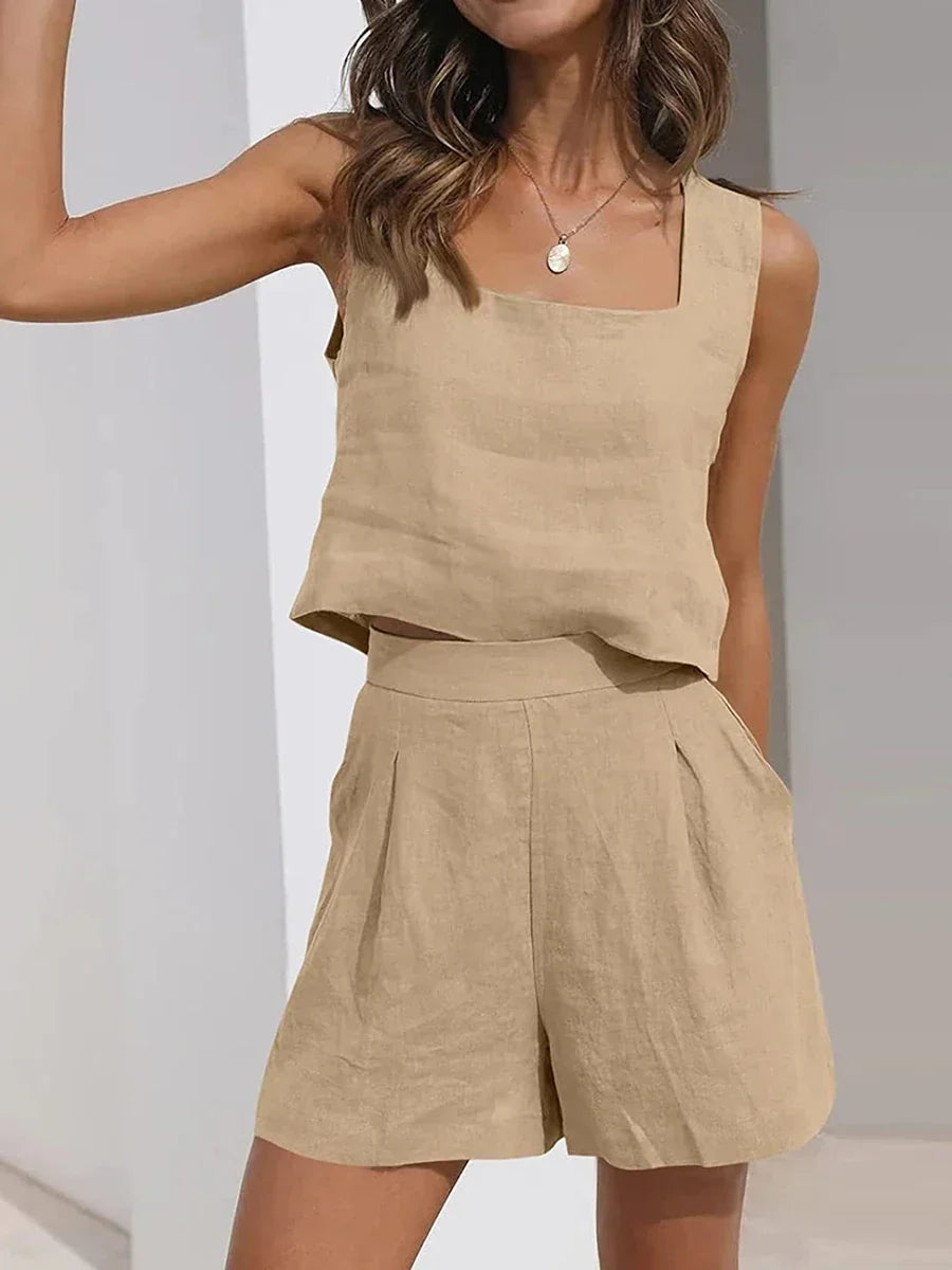 Women's lightweight sleeveless matching crop top and shorts set, perfect for summer casual wear.