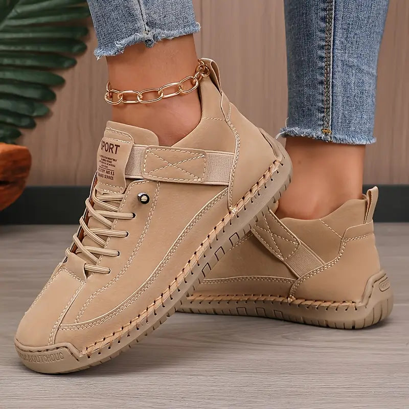 Khaki women's comfortable slip-on sneakers, ideal for daily walking with cushioned support.