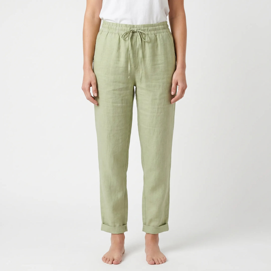 Relaxed fit women's summer pants with drawstring waist and tapered ankle-length leg for casual comfort.