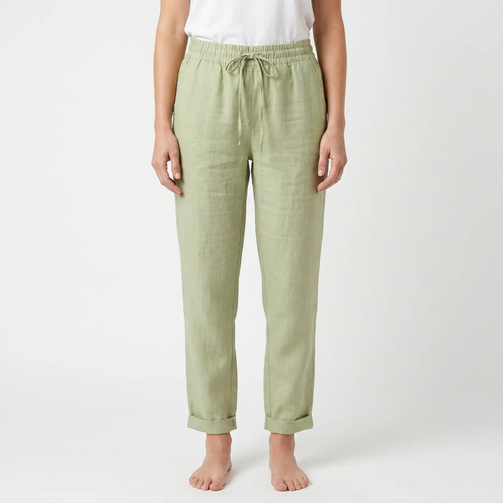 Relaxed fit women's summer pants with drawstring waist and tapered ankle-length leg for casual comfort.