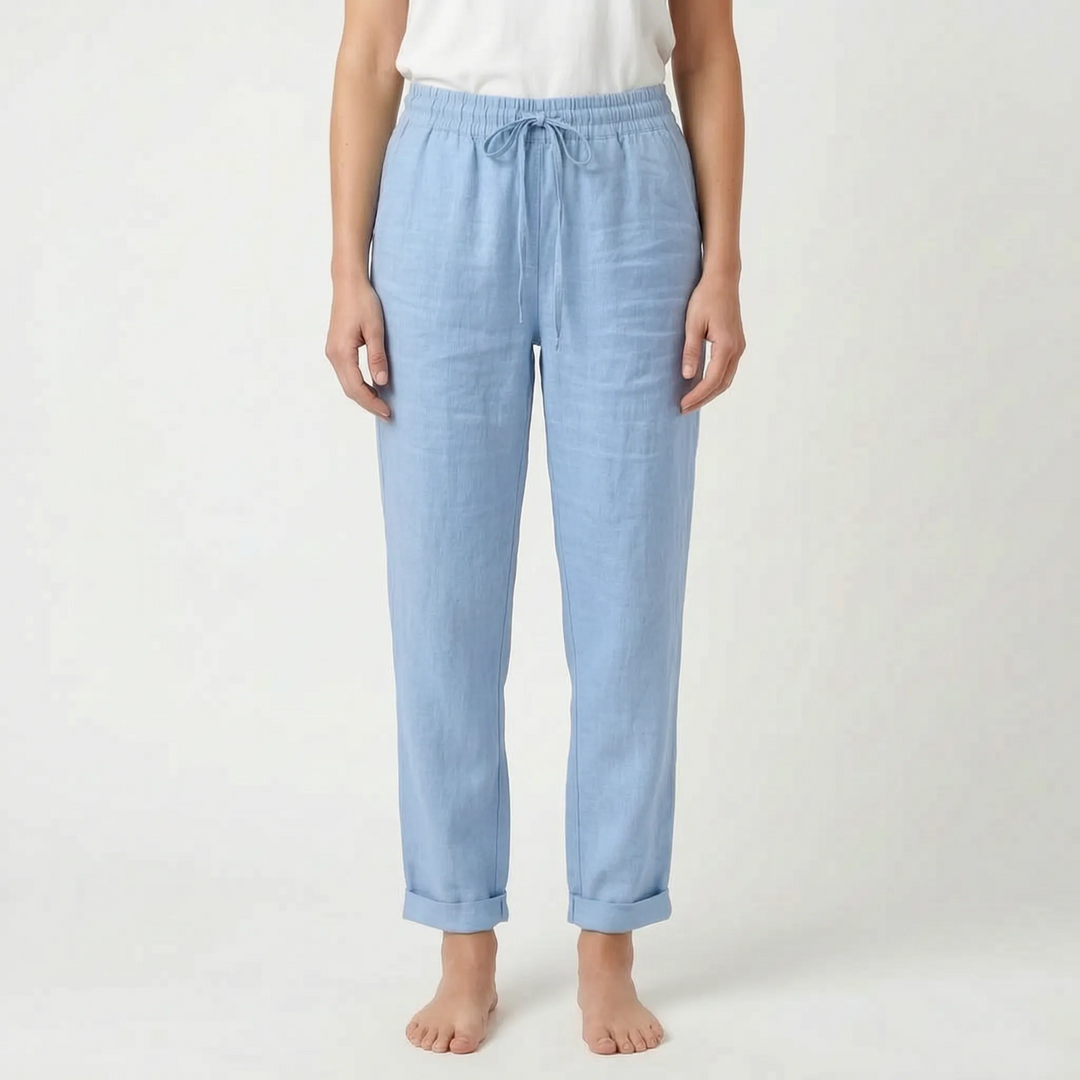 Women's lightweight summer trousers, ankle-length, tapered leg, and drawstring waist for warm-weather apparel.