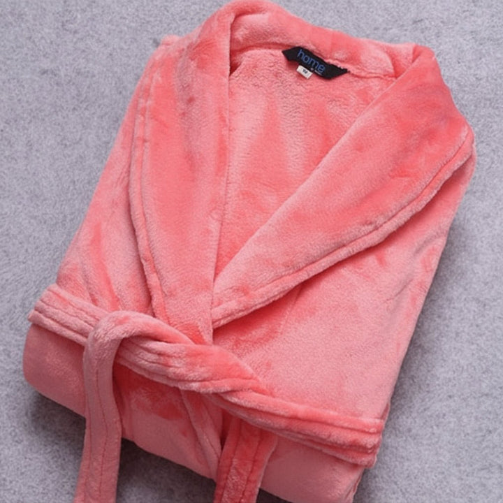Relaxing women's loungewear, a lightweight winter bathrobe with belt, pockets, and a warm feel.