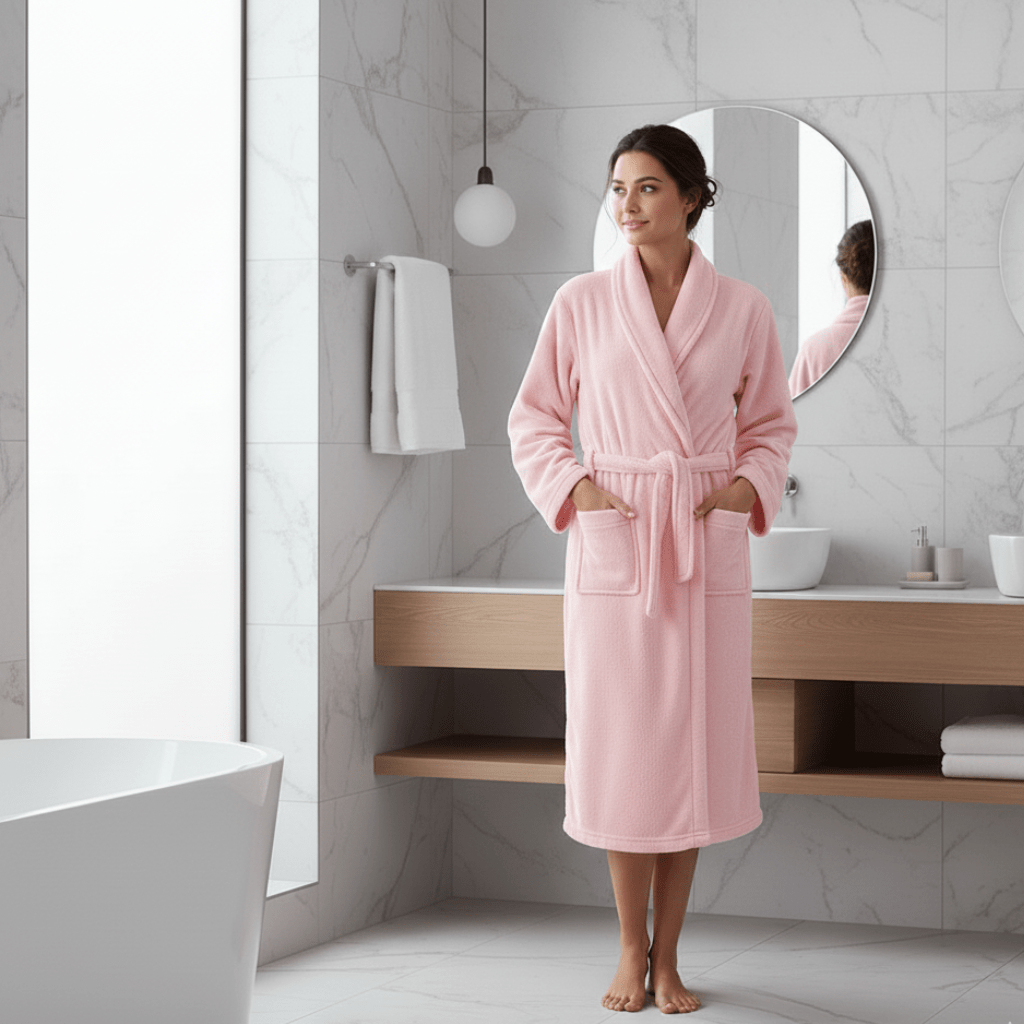Warm women's loungewear robe, lightweight winter design with tie belt and practical pockets.