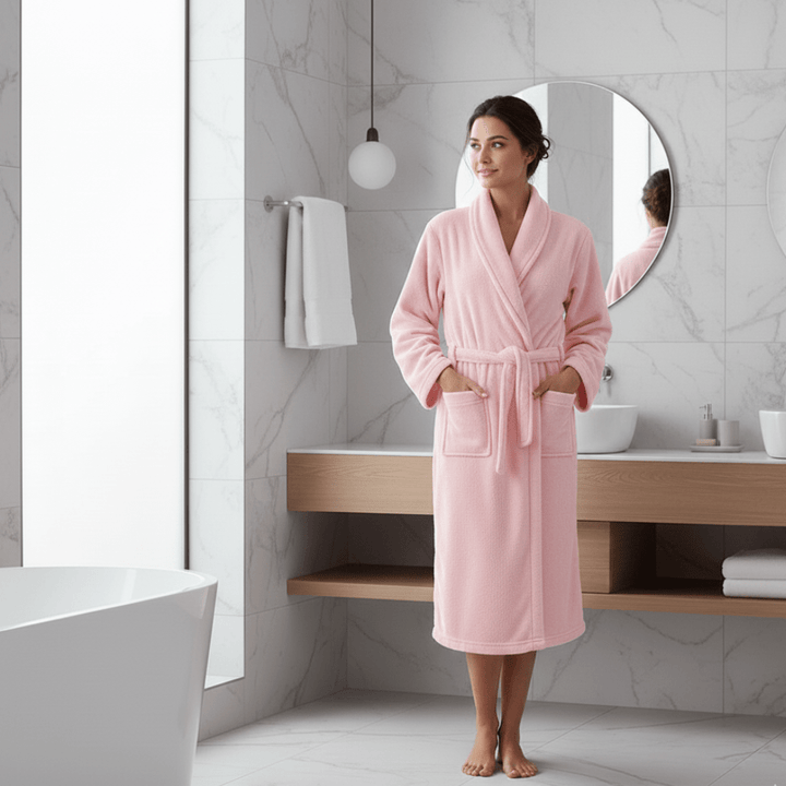 Warm women's loungewear robe, lightweight winter design with tie belt and practical pockets.