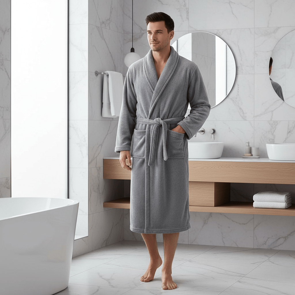 Elegant women's lightweight spa robe with belt and pockets, great for post-bath relaxation.