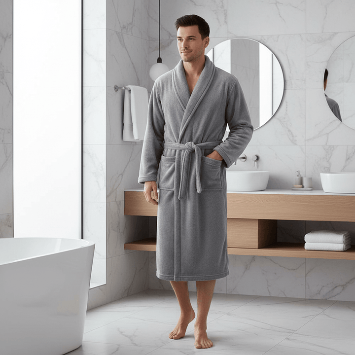 Elegant women's lightweight spa robe with belt and pockets, great for post-bath relaxation.