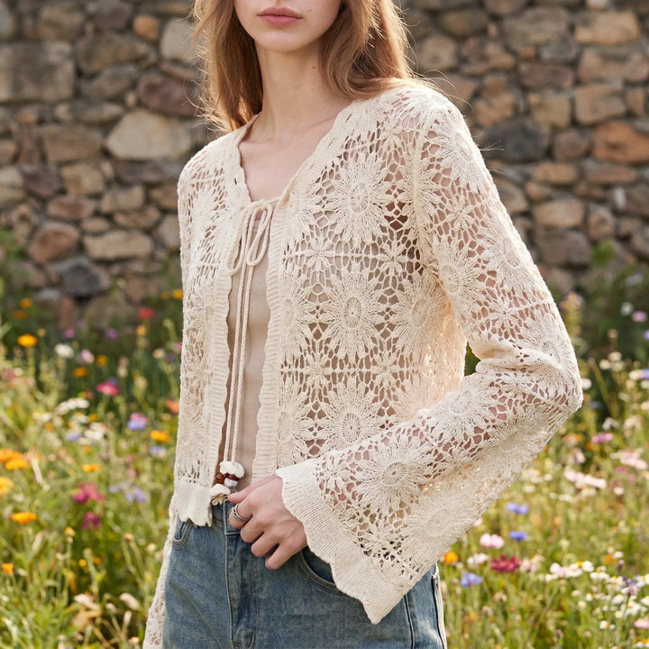 Women's lilac floral openwork knit cardigan with tie front, ideal for summer layering.