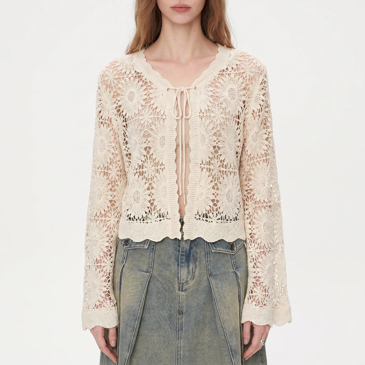 Versatile women's lilac floral openwork knit cardigan. Lightweight, bohemian style, perfect for summer.