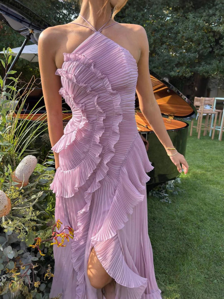Versatile women's elegant pleated ruffle halter dress in lilac. A chic midi for homecoming, parties, or formal events.