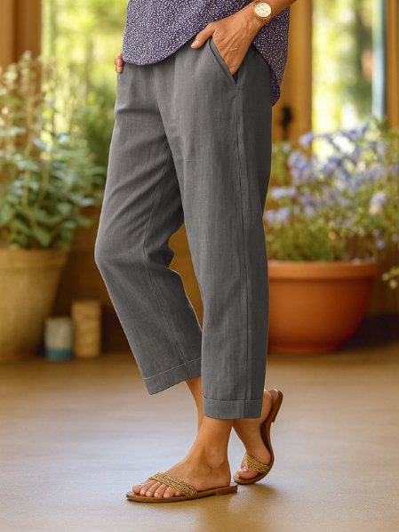 Relaxed fit women's pull-on linen trousers, perfect for summer vacations & everyday casual wear.