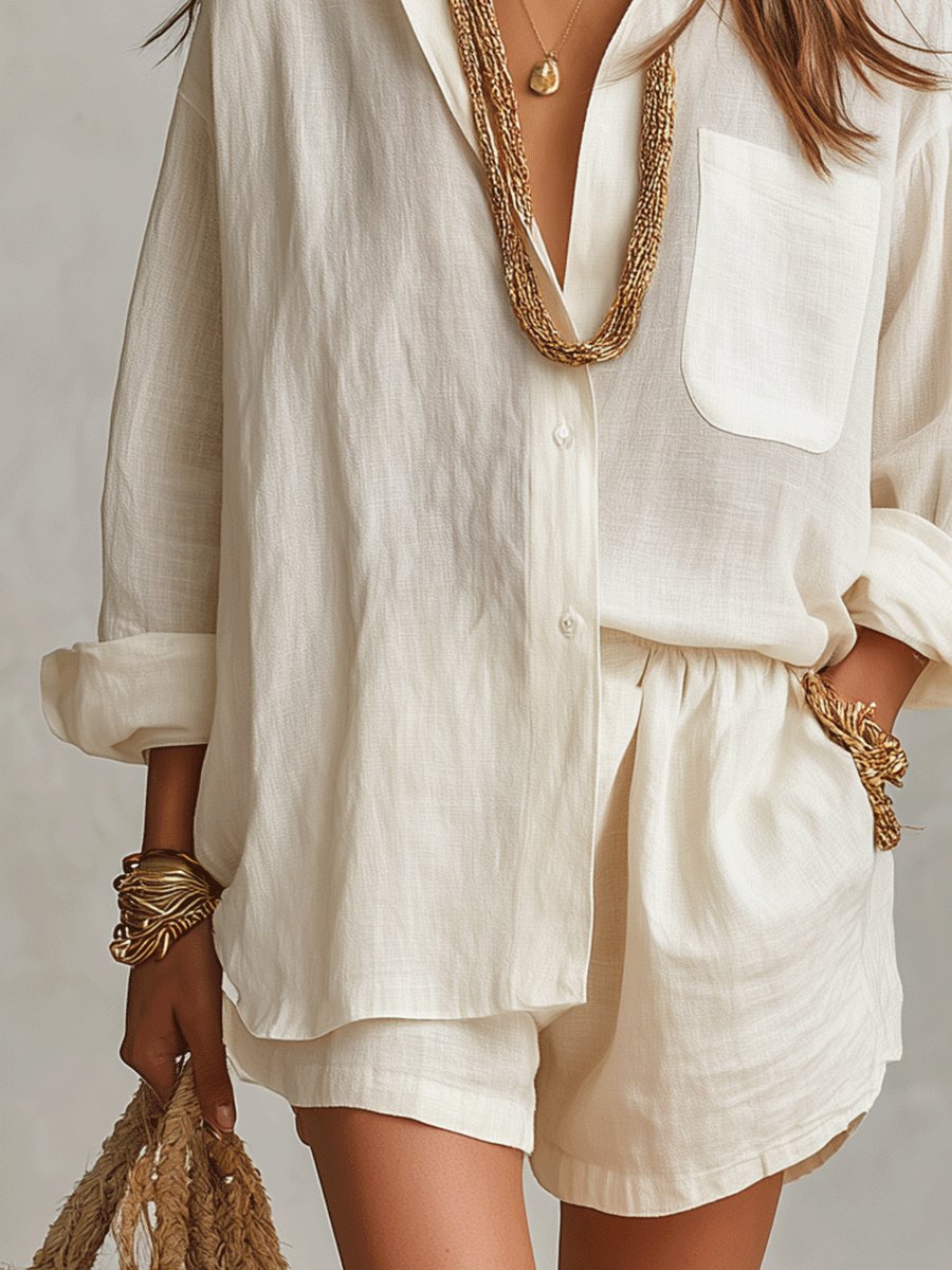 Women's casual linen-look short set. Relaxed fit, long sleeve button-front top, perfect for summer lounge.