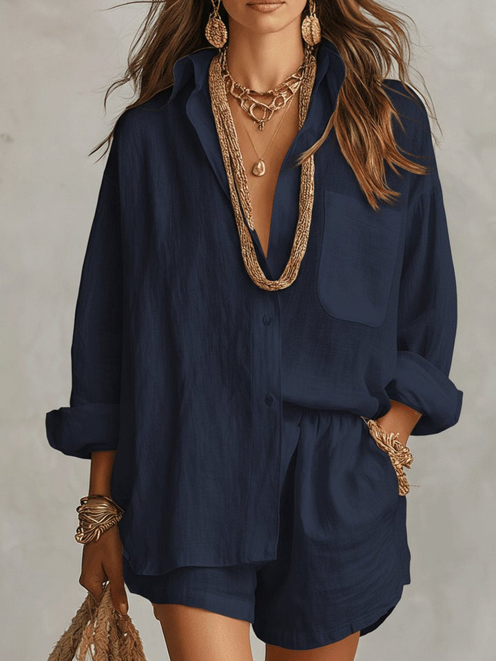 Relaxed fit women's linen-look short set. Button-front long sleeve top & shorts for summer comfort.