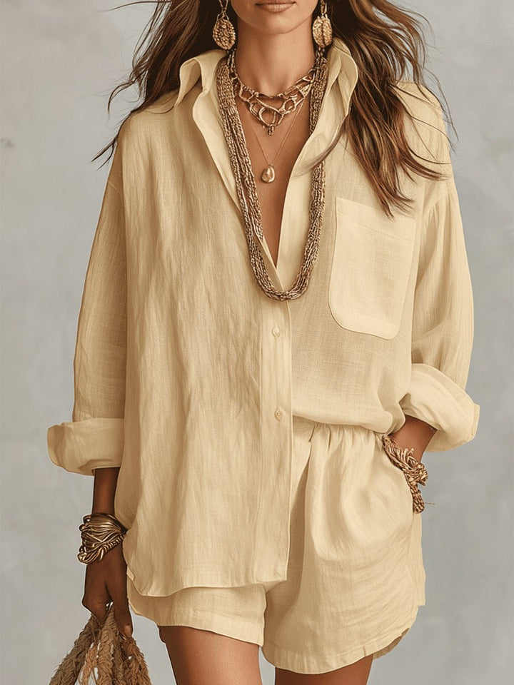 Two-piece women's linen-look short set: button-front long sleeve top & matching shorts. Casual summer style.