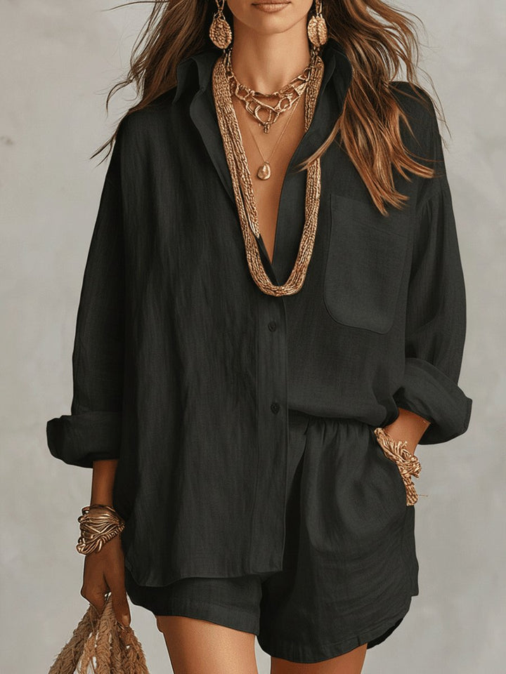 Women's linen-look short set, relaxed fit, long sleeve. Casual two-piece lounge & vacation summer fashion.