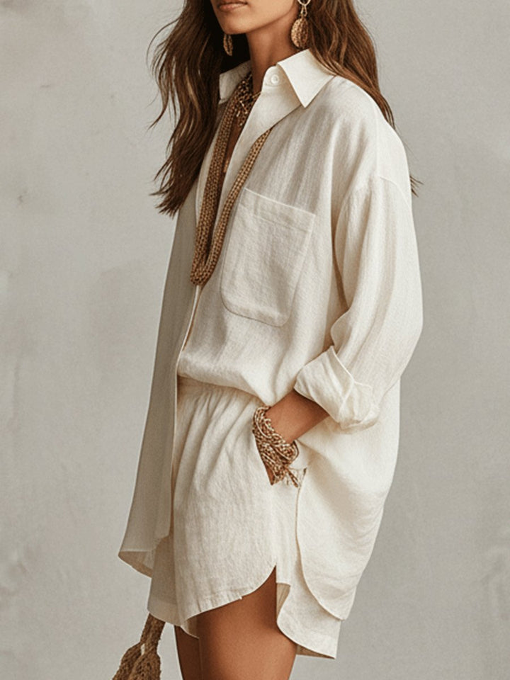 Summer fashion women's linen-look short set. Casual long sleeve two-piece, ideal for lounge or vacation.