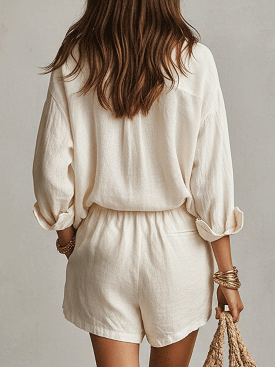 Versatile women's linen-look short set. Button-front long sleeve, relaxed fit. Great for casual & vacation.