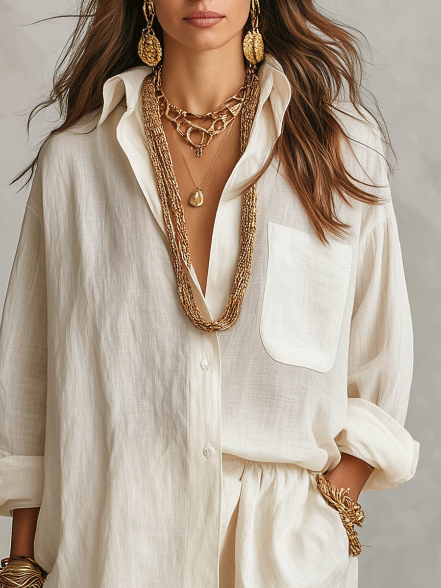 Women's two-piece linen-look short set: long sleeve button-front top & shorts. Relaxed casual summer fashion.