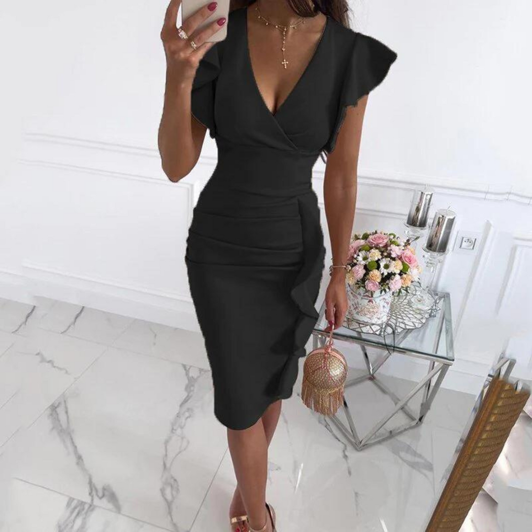 Comfortable & versatile women's midi dress. V-neck, short sleeve, fitted Livia design for summer fashion.
