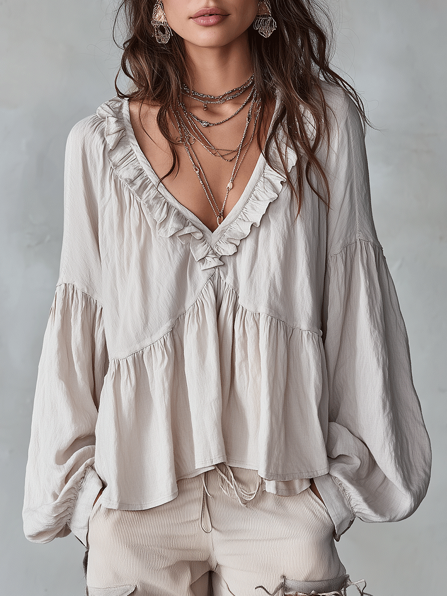 Women's long sleeve bohemian blouse, loose fit ruffle top, perfect for spring casual elegance.