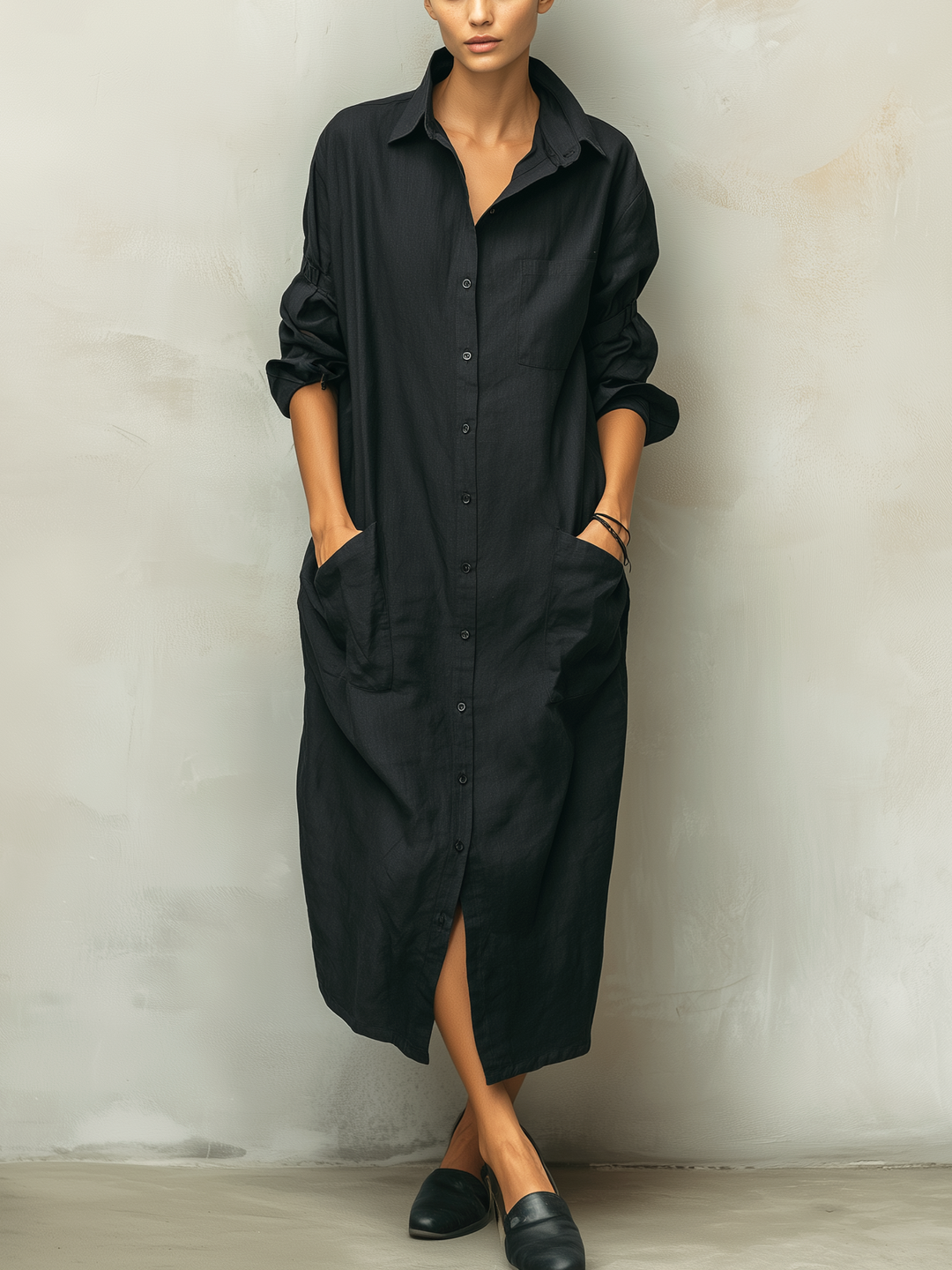 Women's long sleeve button-down midi shirt dress, perfect for casual spring & autumn wear with a relaxed fit.