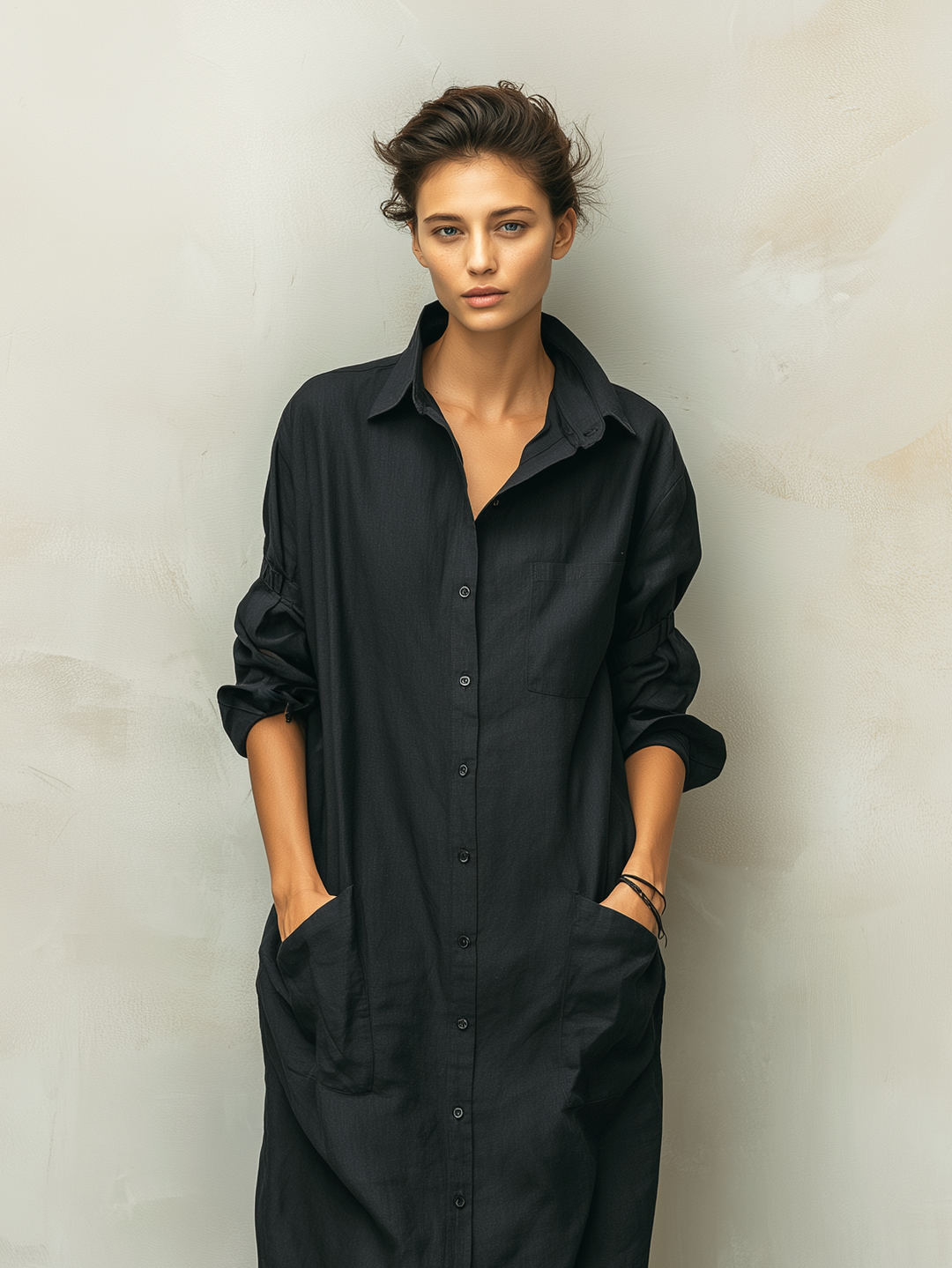 Stylish women's midi shirt dress with long sleeves & button-down front, a versatile piece for casual outfits.