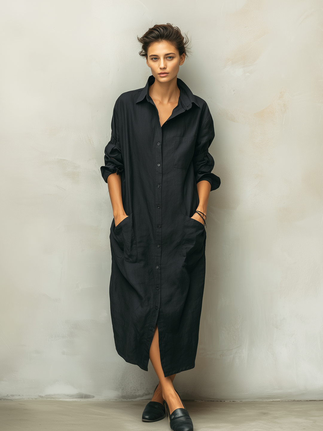 Elegant women's button-down midi dress featuring long sleeves, a collar, and flowy silhouette for comfort.