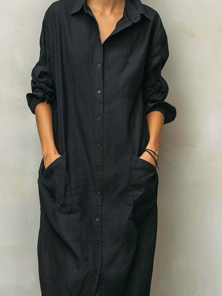 Casual women's long sleeve midi shirt dress, button-down style ideal for comfortable spring and autumn fashion.