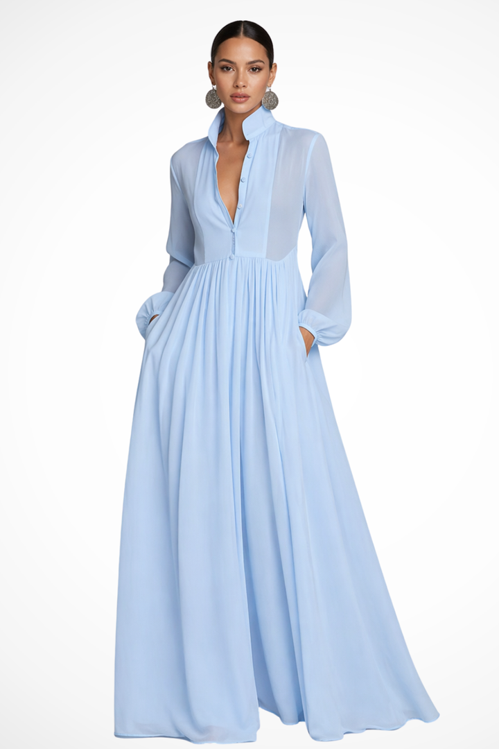 Women's long sleeve button-front maxi dress with pockets, a flowy and comfortable silhouette for ladies.
