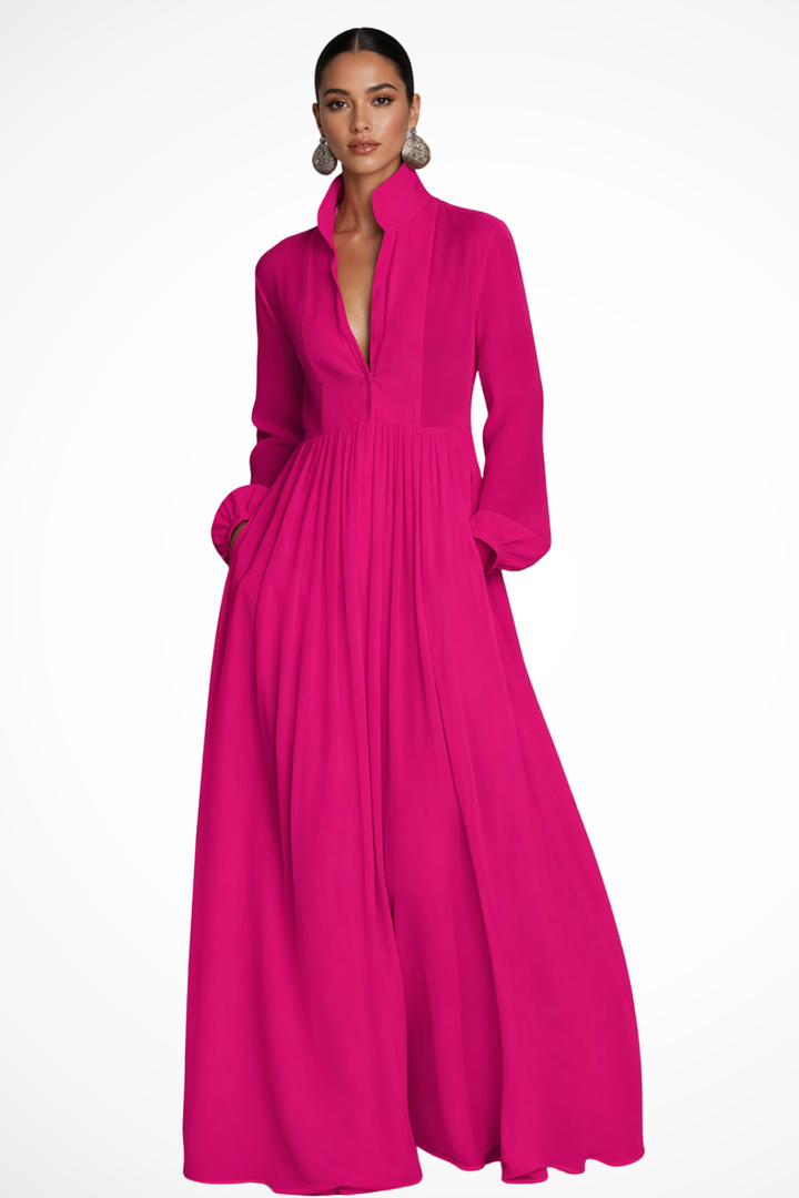 Comfortable long sleeve maxi dress for women with a full button front, featuring practical side pockets.