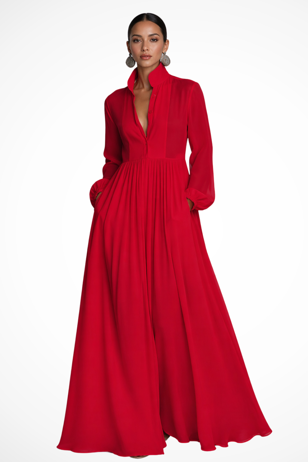Stylish women's maxi dress with long sleeves, a button front, and useful pockets. Versatile ladies fashion.