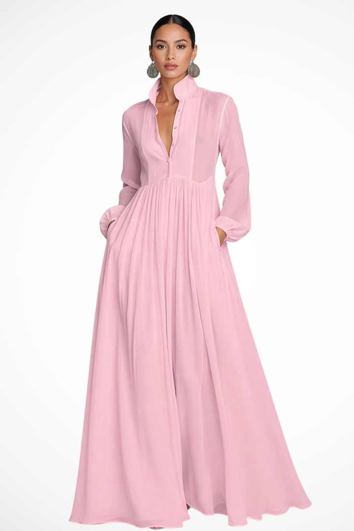 Flowy long sleeve button-front maxi dress for women, suitable for spring, summer, fall, and winter wear.