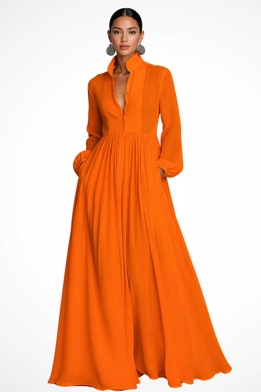 Women's button-front maxi dress, long sleeve design with convenient pockets and a chic, flowy silhouette.