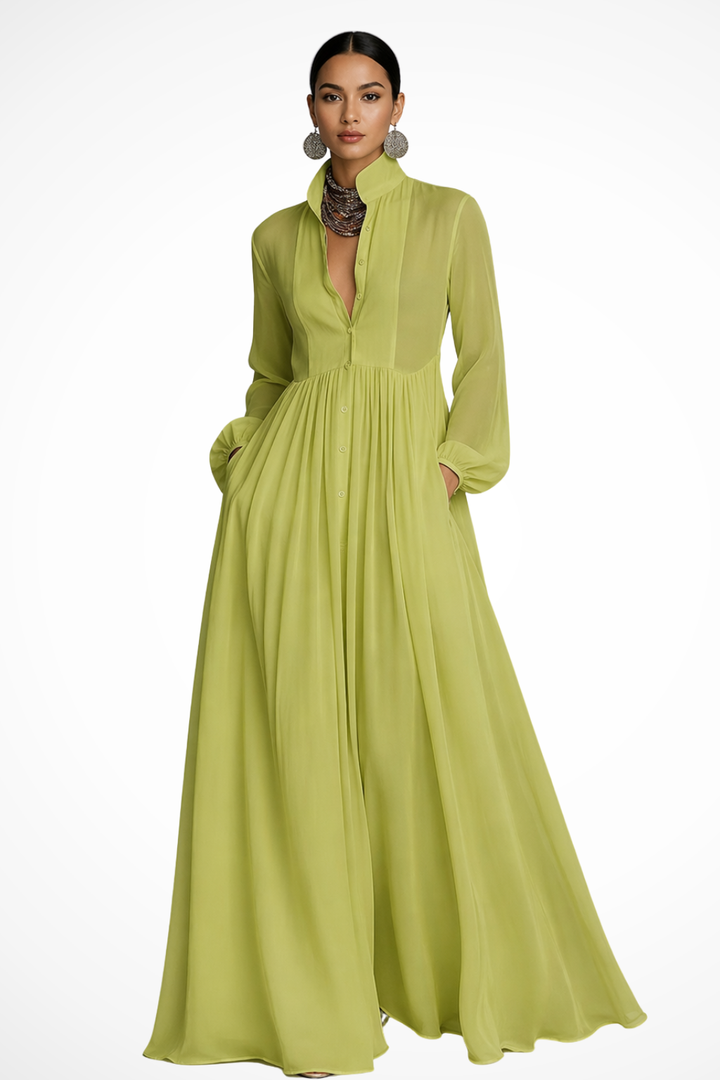 Casual yet elegant women's long sleeve maxi dress with button front and pockets for stylish comfort.