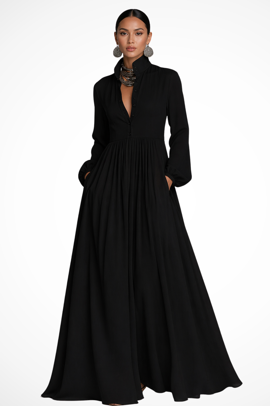 Versatile women's long sleeve button-front maxi dress with practical pockets; great for any occasion.